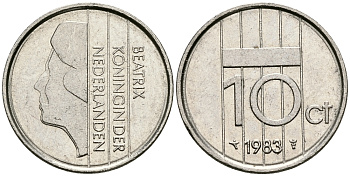 НИДЕРЛАНДЫ 10 ЦЕНТОВ 1983 БЕАТРИКС KM 203 никель 96-548