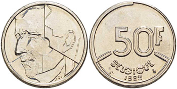 БЕЛЬГИЯ 50 ФРАНКОВ 1989 BELGIQUE, БОДУЭН I (1951-1993) KM 168 никель 4398-214