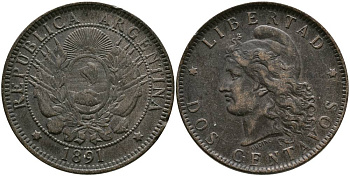 Аргентина 2 сентаво 1891 голова свободы влево KM 8 бронза 4531-1024