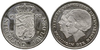 Нидерланды 1 гульден 1980 на коронацию Беатрикс, 30 апреля 1980 KM 200 никель 177-257