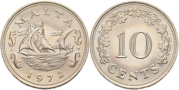 Мальта 10 центов 1972 баржа Великого магистра KM 11 медно-никель UNC 4587-712