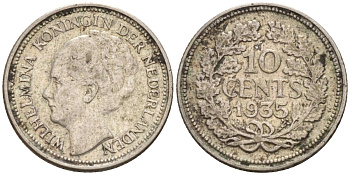 Нидерланды 10 центов 1935 Вильгельмина I (1890-1948) КМ 163 серебро 4547-931