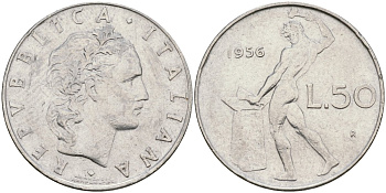 Италия 50 лир 1956 R, бог огня Вулкан у наковальни KM 95.1 нержавеющая сталь 4171-1015