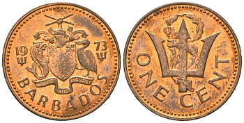 Барбадос 1 цент 1973 сломанный трезубец Британии KM 10 бронза aUNC 4609-1264