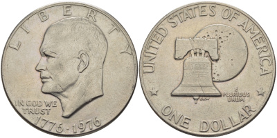 США 1 доллар 1976 200 лет независимости, Президент Эйзенхауэр, колокол, тип 1 KM 206 медь плакированная медно-никелем 118-713