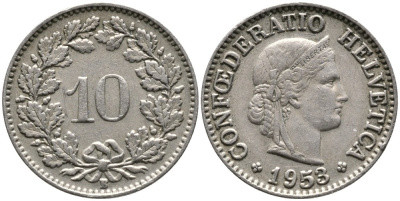 ШВЕЙЦАРИЯ 10 РАППЕНОВ 1953 В KM 27 медно-никель 4539-446