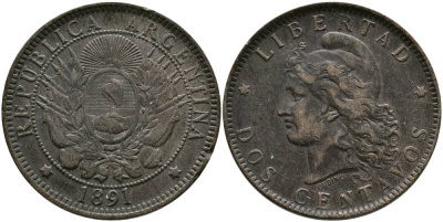 Аргентина 2 сентаво 1891 голова свободы влево KM 8 бронза 4531-1024