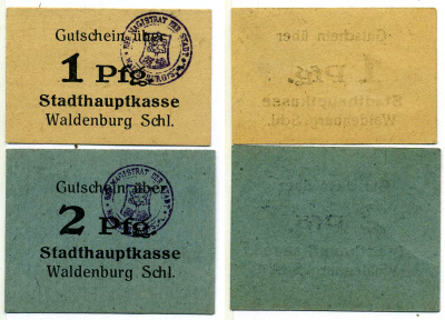 ВАЛЬДЕНБУРГ НАБОР ИЗ 2 БАНКНОТ 1920 НОТГЕЛЬД (1 И 2 ПФЕННИГА), ЗЕМЛЯ БАДЕН-ВЮРТЕМБЕРГ Grabowski W4.6а, W4.6b картон 2193-7-3-1