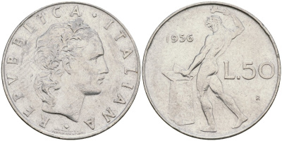 Италия 50 лир 1956 R, бог огня Вулкан у наковальни KM 95.1 нержавеющая сталь 4171-1015