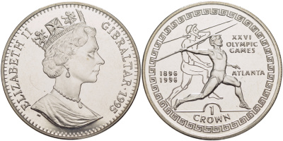 Гибралтар 1 крона 1995 XXVI Олимпийские игры в Атланте 1996 года, копьеметатель, 100 лет Олимпийскому движению (1896-1996) KM 302 медно-никель BUNC 1084-9-12