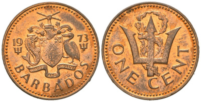 Барбадос 1 цент 1973 сломанный трезубец Британии KM 10 бронза aUNC 4609-1264