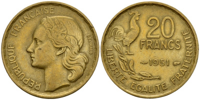 Франция 20 франков 1951 KM 917 алюминиевая бронза 4601-735