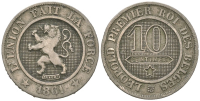 Бельгия 10 сантимов 1861 Леопольд I (1831-1865) KM 22 медно-никель 4615-663