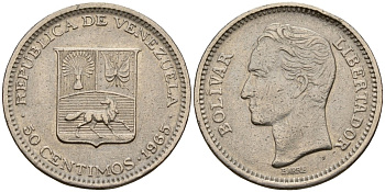 Венесуэла 50 сентимо 1965 Симон Боливар KM 41, Schon 51 никель 4189-723