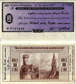 Италия 100 лир 1977 10 марта 1977 Banco Di trento e bolzano бумага 7222-61-3-2