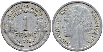 ФРАНЦИЯ 1 ФРАНК 1945 KM 885а.1 алюминий 4397-647