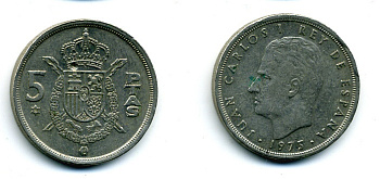 ИСПАНИЯ 5 ПЕСЕТ 1975 ХУАН КАРЛОС I KM 807 медно-никель 56-1115