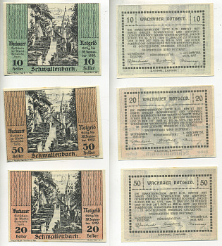АВСТРИЯ, ВАЧАУ НАБОР ИЗ 3 БАНКНОТ 1920 30 СЕНТЯБРЯ 1920, НОТГЕЛЬД, 10, 20, 50 ГЕЛЛЕРОВ, SCHMALLENBACH, ВТОРОЙ ВЫПУСК, SPITZ am der HASTET бумага aUNC 70-10-4