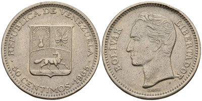 Венесуэла 50 сентимо 1965 Симон Боливар KM 41, Schon 51 никель 4189-723