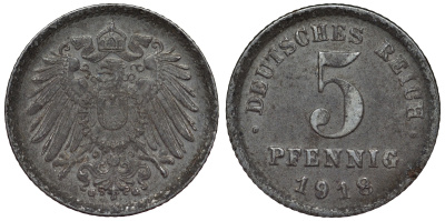Германия 5 пфеннигов 1918 G KM 19, J. 297, Weege 5 железо 4118-1042