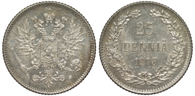 Россия для Финляндии 25 пенни 1916 S, Николай II (1894-1917) KM 6.2, Биткин 421 серебро 75-1243