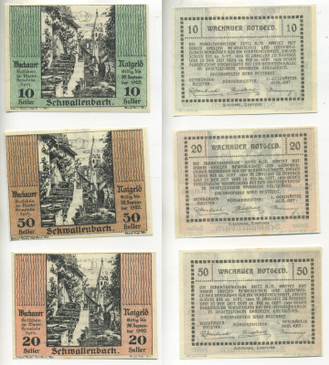 АВСТРИЯ, ВАЧАУ НАБОР ИЗ 3 БАНКНОТ 1920 30 СЕНТЯБРЯ 1920, НОТГЕЛЬД, 10, 20, 50 ГЕЛЛЕРОВ, SCHMALLENBACH, ВТОРОЙ ВЫПУСК, SPITZ am der HASTET бумага aUNC 70-10-4