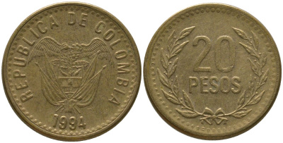 Колумбия 20 песо 1994 KM 282 алюминиевая бронза 4528-1139