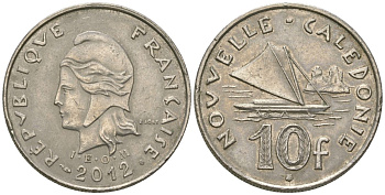 Французская Новая Каледония 10 франков 2012 рыбачья парусная лодка, (IEOM) KM 11a, Schoen 13a, Lec 99k медно-никель 65-543