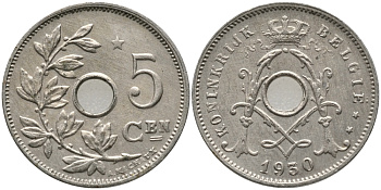 БЕЛЬГИЯ 5 САНТИМОВ 1930 BELGIE KM 94 никель латунь 76-226