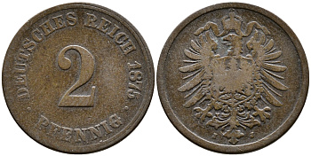 ГЕРМАНИЯ 2 ПФЕННИГА 1875 J, СТАРОГЕРБОВКА KM 2, J.2 медь 54-1346