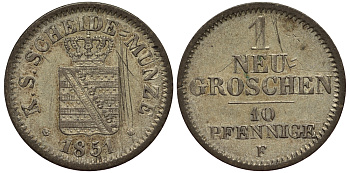 Саксония 1 новый грош - 10 пфеннигов 1851 Фридрих Август II (1797-1854) KM 1159, J. 82 серебро aUNC 413-4641
