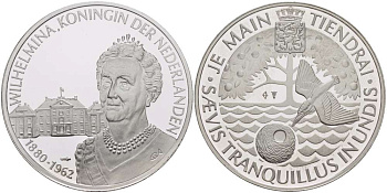 Нидерланды медаль ND Вильгельмина королева Нидерландов (1880-1962),  диаметр 38 мм., вес 25,12 гр.  серебро  PROOF  1078-6-23