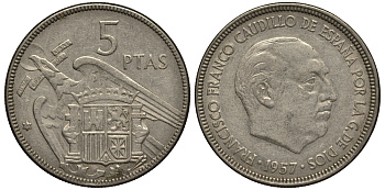 ИСПАНИЯ 5 ПЕСЕТ 1957 (64) ФРАНСИСКО ФРАНКО ДИКТАТОР ИСПАНИИ (1939-1975) KM 786 медно-никель F 4182-431