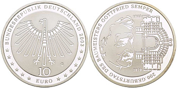 ФРГ 10 евро 2003 G, 200 лет Готфриду Земперу KM 227, DE.S. 10.11 серебро PROOF 1085-5-41