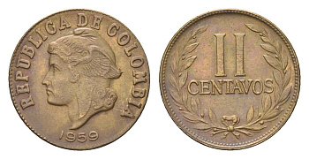 Колумбия 2 сентаво 1959 KM 214 алюминиевая бронза 4664-128