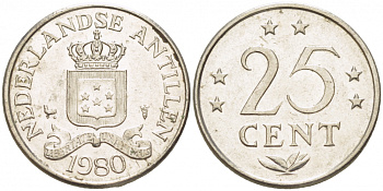 Нидерландские Антилы 25 центов 1980 Юлиана (1948-1980) KM 11 никель 3309-628