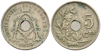 Бельгия 5 сантимов 1925 Belgie KM 67 медно-никель 220-549
