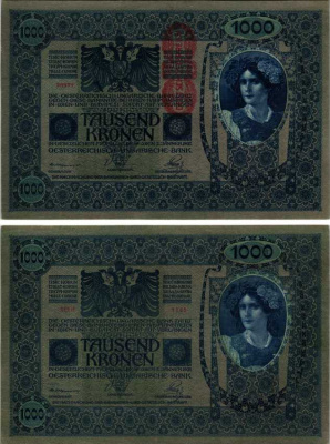 АВСТРИЯ 1000 КРОН 1919 КРАСНАЯ ВЕРТИКАЛЬНАЯ НАДПЕЧАТКА НА 1902 Pick 59 бумага аUNC 3295-123-1