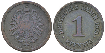Германия 1 пфенниг 1875 В, старогербовка KM 1, J. 1 медь 4385-623
