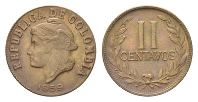 Колумбия 2 сентаво 1959 KM 214 алюминиевая бронза 4664-128