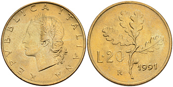 Италия 20 лир 1991 R, дубовый лист KM 97.2 алюминиевая бронза  UNC  4594-811