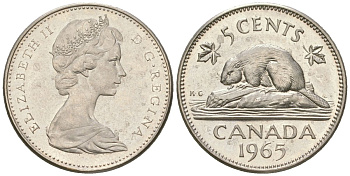 Канада 5 центов 1965 Елизавета II (1952-2022), бобер KM 60.1 никель aUNC 4596-215