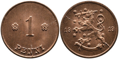 ФИНЛЯНДИЯ 1 ПЕННИ 1919 ПЕРВЫЙ ГОД KM 23 медь 4387-365