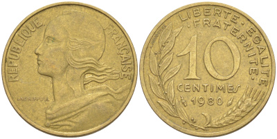 Франция 10 сантимов 1980 тип Marianne KM 929, LE FRANC 144.20 медь алюминий никель 4511-932