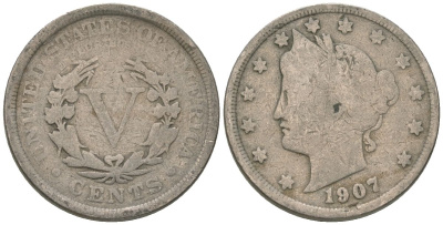 США 5 центов 1907 голова свободы KM 112 медно-никель 3336-146