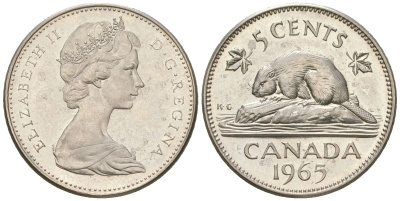 Канада 5 центов 1965 Елизавета II (1952-2022), бобер KM 60.1 никель aUNC 4596-215