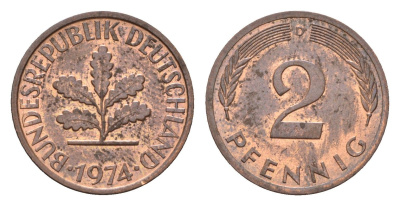 ФРГ 2 пфеннига 1974 D KM 106a, J.381a сталь плакированная медью 4618-1029