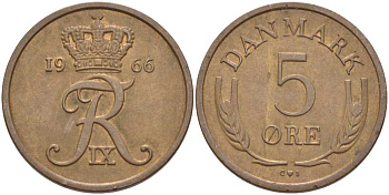 ДАНИЯ 5 ЭРЕ 1966 C; S, ФРЕДЕРИК IX (1947-1972) KM 848.1 бронза 67-753