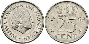 Нидерланды 25 центов 1969 Юлиана (1948-1980) KM 183 никель 96-218