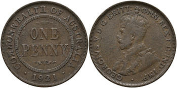 АВСТРАЛИЯ 1 ПЕННИ 1921 ГЕОРГ V KM 23 бронза 84-1114